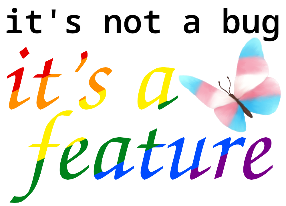 A picture with the text it's not a bug, it's a feature and a butterfly in the colors of a trans flag